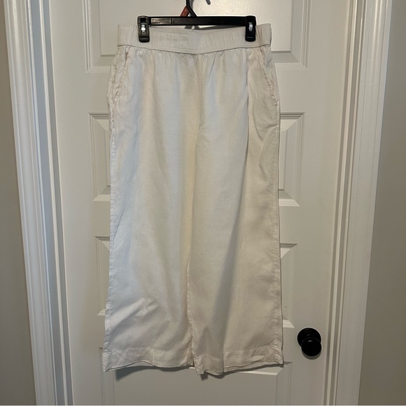 Tahari Crop Pants 100% Linen Pull-on Pockets White Wide Leg Womens Size L - Picture 1 of 7